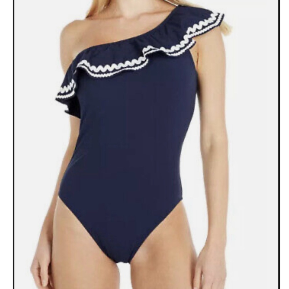 Navy One-Shoulder Swimsuit with Ruffle